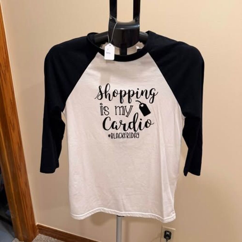 Black Friday Shopping Is My Cardio Raglan Tee, Size Small